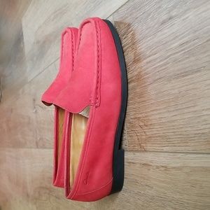 Clarks Bright Red Suede Loafers with Black Soles